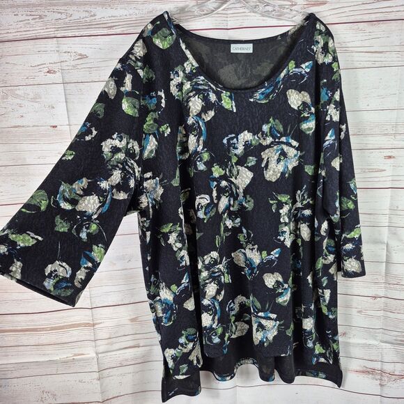 Catherines Black Floral Tunic Top Size 4X 30/32 Dark Fairy Whimsigoth Shimmer - Picture 1 of 7